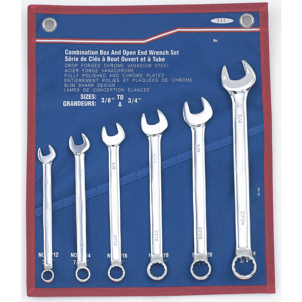 6 pc SAE combination wrench with wall drive box end