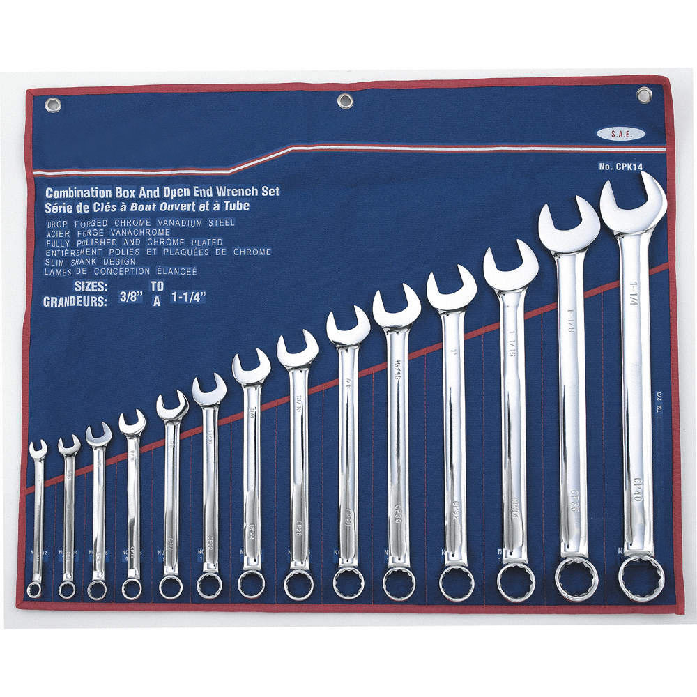 14 pc SAE combination wrench with wall drive box end
