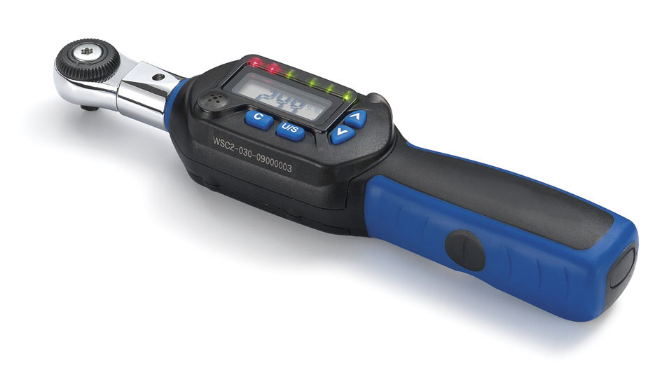 Stubby interchangeable head digital torque wrench with side visible LEDs